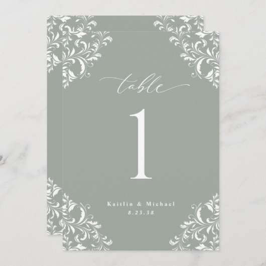 Elegant Sage Green Wedding Table Numbers Cards Kaart (Voorkant / Achterkant)