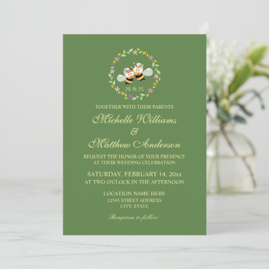 Elegant Sage Green Whimsical Means to Bee Wedding Kaart (Staand voorkant)