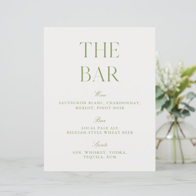 Elegant Sage Green & White 8.5x11 Wedding Bar Sign (Staand voorkant)