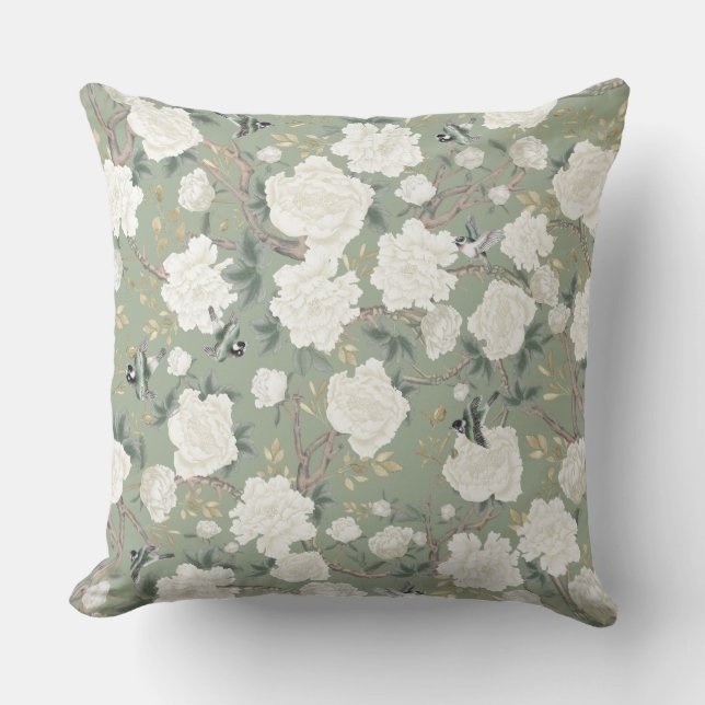 Elegant Sage Green White Chinoiserie Flowers Birds Kussen (Voorkant)