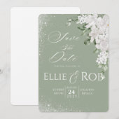 Elegant Sage Green White Floral Save The Date (Voorkant / Achterkant)