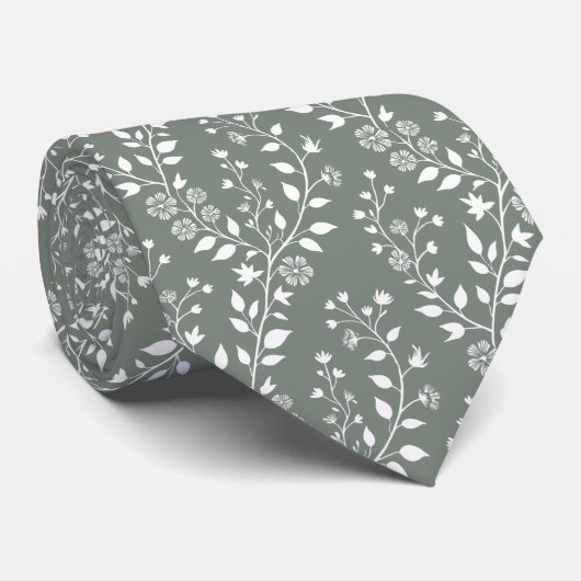 Elegant Sage Green White Floral Stropdas (Opgerold)