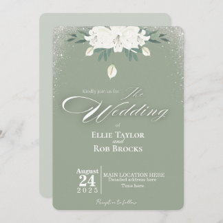 Elegant Sage Green White Floral Wedding Invitation Kaart