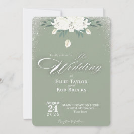 Elegant Sage Green White Floral Wedding Invitation Kaart