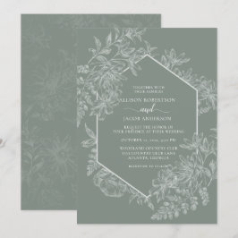 Elegant Sage Green White Geometric Floral Wedding Kaart
