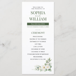 Elegant Sage Green White Rose Floral Wedding Progr Programmakaart
