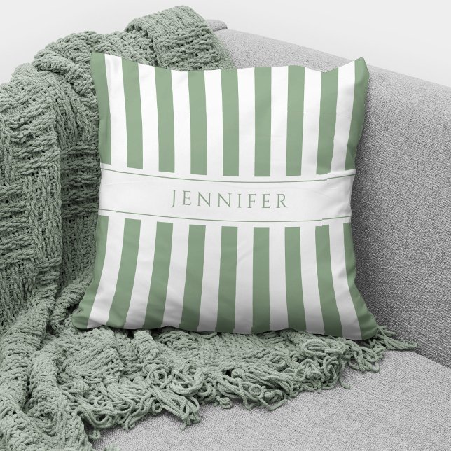 Elegant Sage Green & White Stripes Pattern Name Kussen (Creator heeft geüpload)
