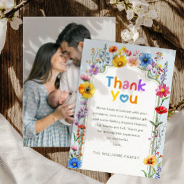 Elegant Sage Green Wildflower Baby Foto Dank u Bedankkaart