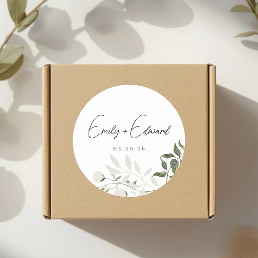 Elegant Sage Greenery and White Floral Wedding Ronde Sticker