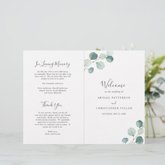 Elegant Sage Greenery Eucalyptus Wedding Programme (Staand voorkant)