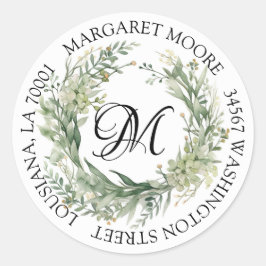 Elegant Sage Groen Bloemen Script Monogram Adres Ronde Sticker