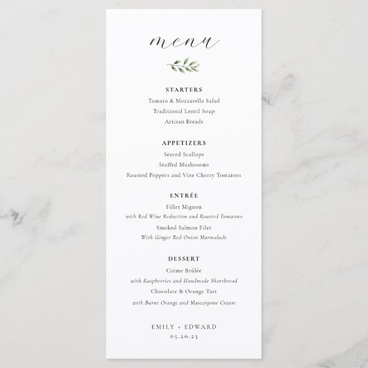 Elegant Sage Groen Bruiloft Menu (Voorkant)