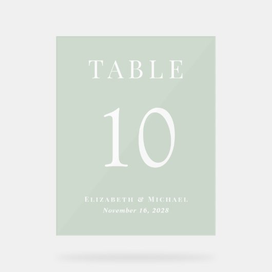 Elegant Sage Groen Bruiloft Receptie Tafelnummer Acryl Bord (Voorkant)