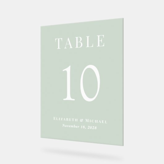 Elegant Sage Groen Bruiloft Receptie Tafelnummer Acryl Bord (Hoek)