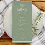 Elegant Sage Groen Eenvoudig Monogram Diner Bruilo Menu<br><div class="desc">Een marineblauw en wit elegant minimalistisch chique bruiloft licht groen dinermenu. Welke kenmerken chic sjabloon ontwerp van salie groene achtergrond en witte typografie. En een monogram voor initialen bovenaan en witte strepen onderaan en bovenaan.</div>