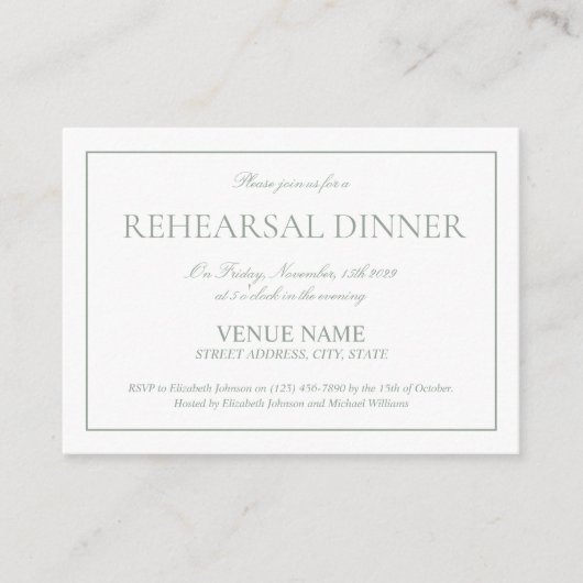 Elegant Sage Groen Eenvoudig Script Repetitie Dine Informatiekaartje (Voorkant)