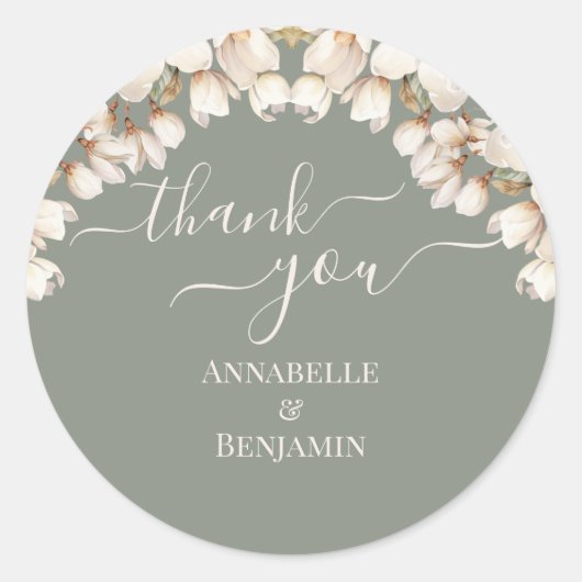 Elegant Sage Groen en Wit Bloemen Bruiloft Ronde Sticker (Voorkant)