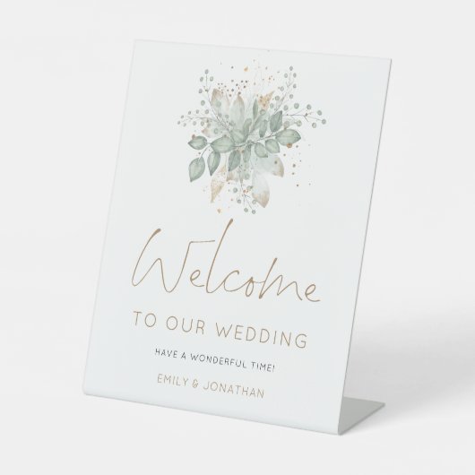 Elegant Sage Groen Goud Bladgroen Welkom op bruilo Reclamebord Met Voetstuk (Voorkant)
