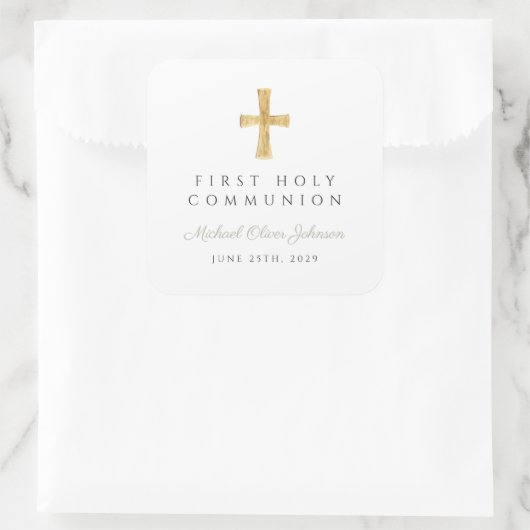 Elegant Sage Groen Kruis Jongen Eerste Communie Vierkante Sticker (Tas)