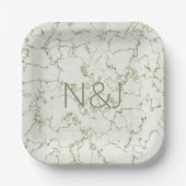 Elegant Sage Groen Marmeren Monogram Papier Borden Papieren Bordje (Voorkant)