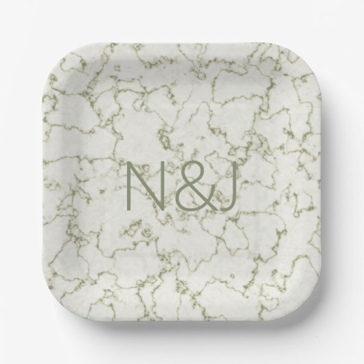 Elegant Sage Groen Marmeren Monogram Papier Borden Papieren Bordje (Voorkant)