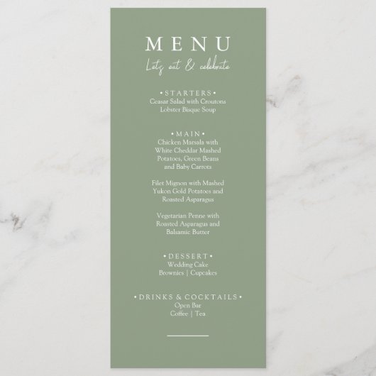 Elegant Sage Groen Modern Let's Eat Bruiloft Diner Menu (Voorkant)