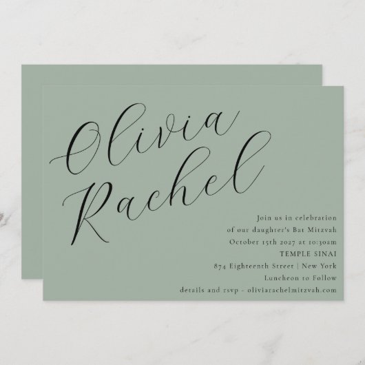 Elegant Sage Groen Script Kalligrafie Bat Mitzvah Kaart (Voorkant / Achterkant)