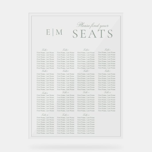 Elegant Sage Groen Script Monogram Bruiloft Seat Acryl Bord (Voorkant)