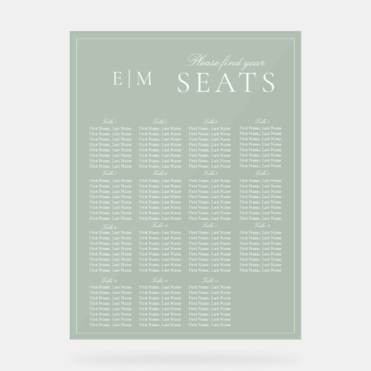 Elegant Sage Groen Script Monogram Bruiloft Seat Acryl Bord (Voorkant)