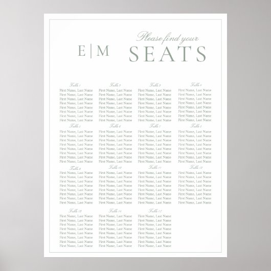 Elegant Sage Groen Script Monogram Bruiloft Seat Poster (Voorkant)