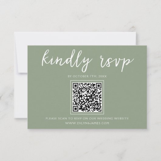 Elegant Sage Groen Script QR Code Bruiloft Website RSVP Kaartje (Voorkant)