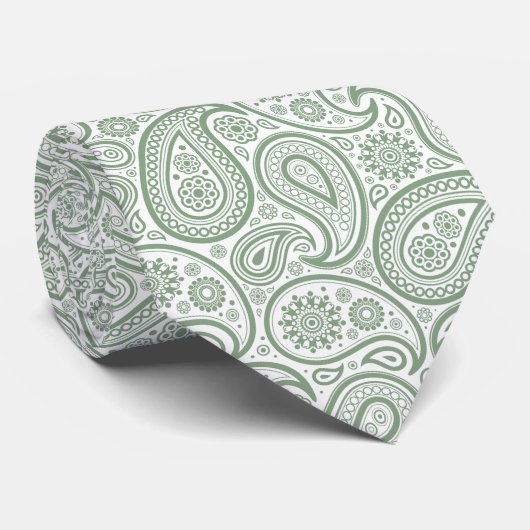Elegant Sage Groen & Wit Paisley Patroon Stropdas (Opgerold)