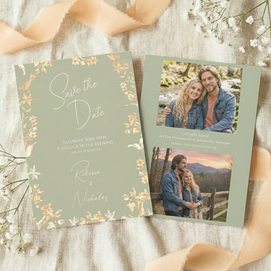 Elegant Sage Ivory Script Wildflowers 2 Photo Save The Date