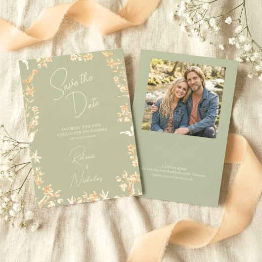 Elegant Sage Ivory Script Wildflowers Photo Save The Date