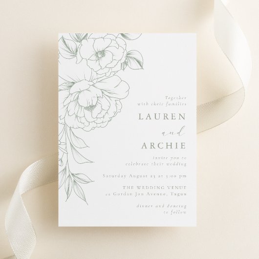 Elegant Sage Line Art Floral Wedding Kaart