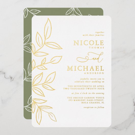 Elegant Sage Minimal Gold Leaf Wedding Folie Uitnodiging (Voorkant / Achterkant)