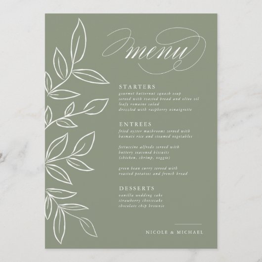 Elegant Sage Minimalist Leaves Wedding Menu (Voorkant)