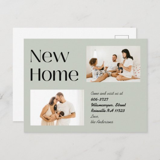 Elegant Sage Minimalist Two Photo New Home Moving Aankondigingskaart (Voorkant / Achterkant)