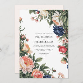 Elegant Sage, Navy & Peach Floral Wedding QR Code Kaart