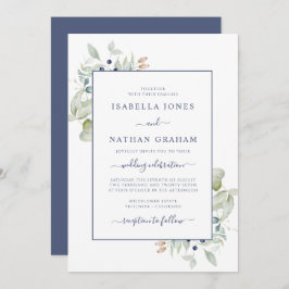 Elegant Sage Navy Waterverf Botanical Wedding IV Kaart