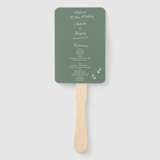 Elegant Sage Olive Groen Script Huwelijksprogramma Handwaaier (Voorkant)