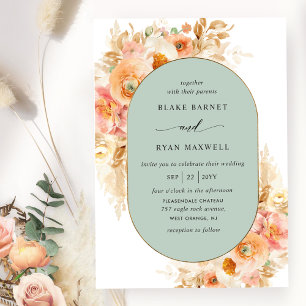 Elegant Sage, Peach Blush and Cream Oval Wedding Kaart