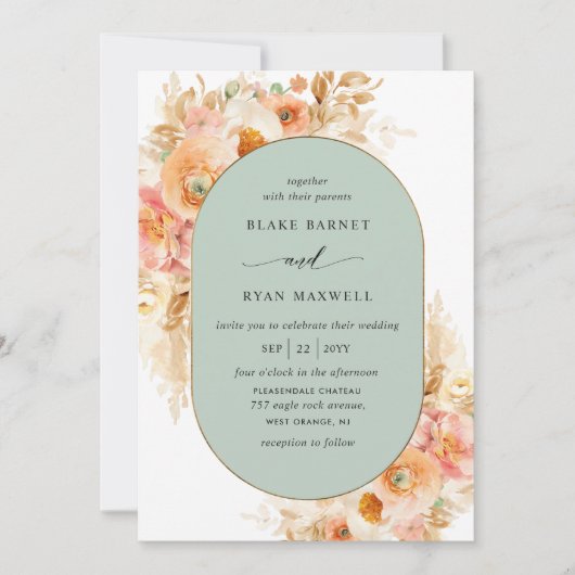 Elegant Sage, Peach Blush and Cream Oval Wedding Kaart (Voorkant)