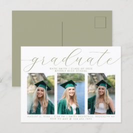 Elegant Sage Script Minimalist Afstuderen 3 Foto Uitnodiging Briefkaart