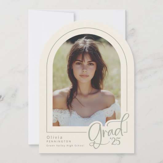 Elegant Sage Simple Photo 2025 Afstudeerder Aankon Kaart (Voorkant)