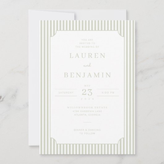 Elegant Sage Striped Wedding Invitation Kaart (Voorkant)