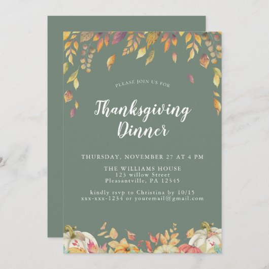 Elegant Sage Thanksgiving Diner Kaart (Voorkant / Achterkant)