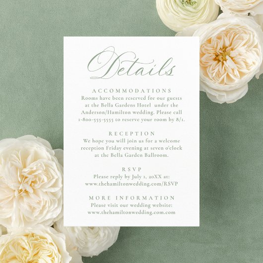 Elegant Sage Victorian Floral Wedding Details Informatiekaartje