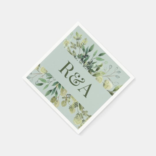 Elegant Sage Waterverf Custom Monogram Weddenschap Servet (Hoek)
