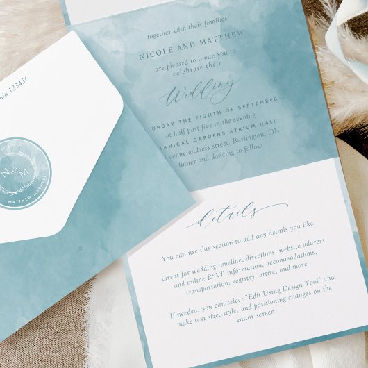 Elegant Sage Zee Glass Waterverf Monogram Weddensc All In One Uitnodiging